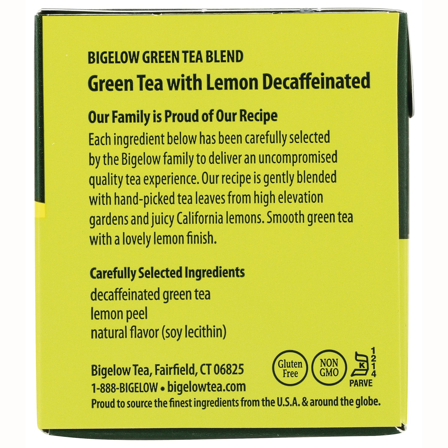 BGT012 | Back of box: Bigelow Green Tea with Lemon Decaffeinated; ingredients include decaffeinated green tea, lemon peel, natural flavor, Gluten Free, Non GMO