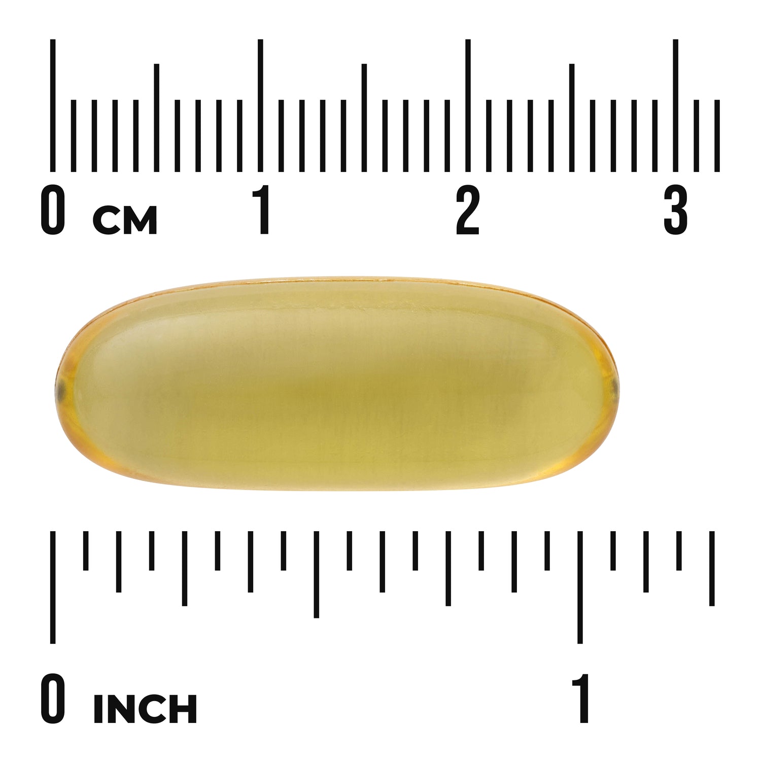 SWE083 | Yellow softgel capsule with size scale in centimeters and inches