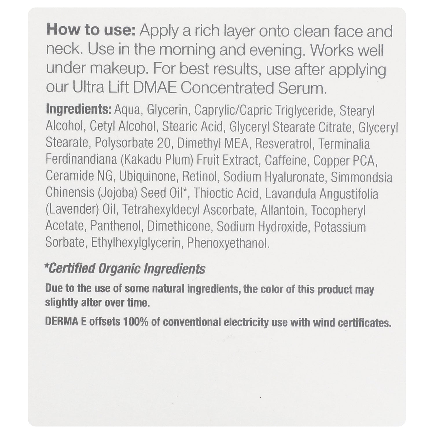 DE008 | Back label with how-to-use instructions and ingredients list including Aqua, Glycerin, Retinol