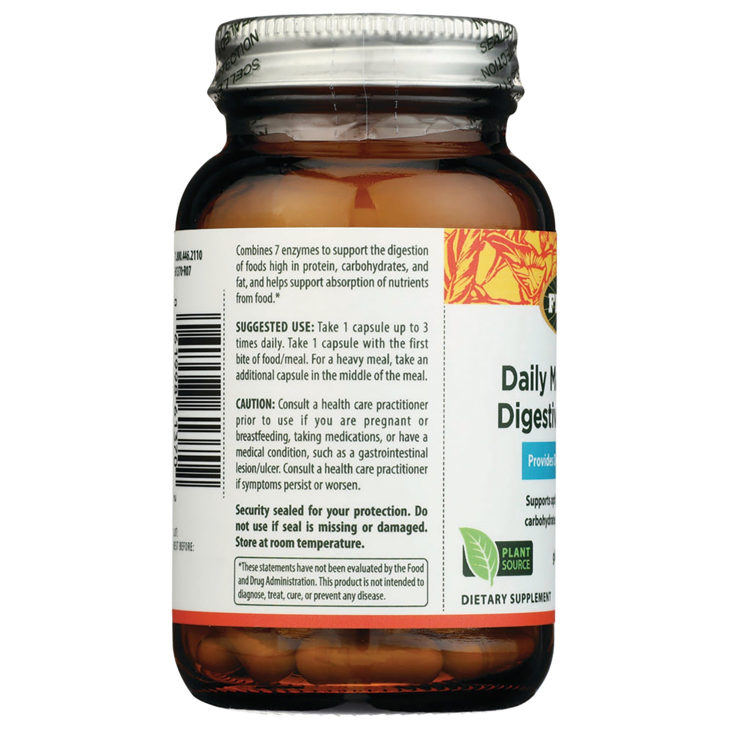 FL111 | Back label of supplement bottle showing suggested use, caution, barcode and capsules visible
