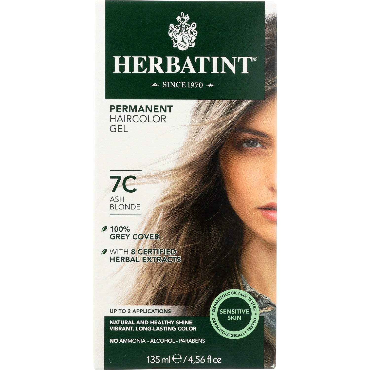HBT027 | Front packaging of Herbatint permanent haircolor gel 7C Ash Blonde showing product name, shade, and half model face