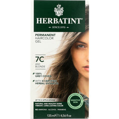 HBT027 | Front packaging of Herbatint permanent haircolor gel 7C Ash Blonde showing product name, shade, and half model face