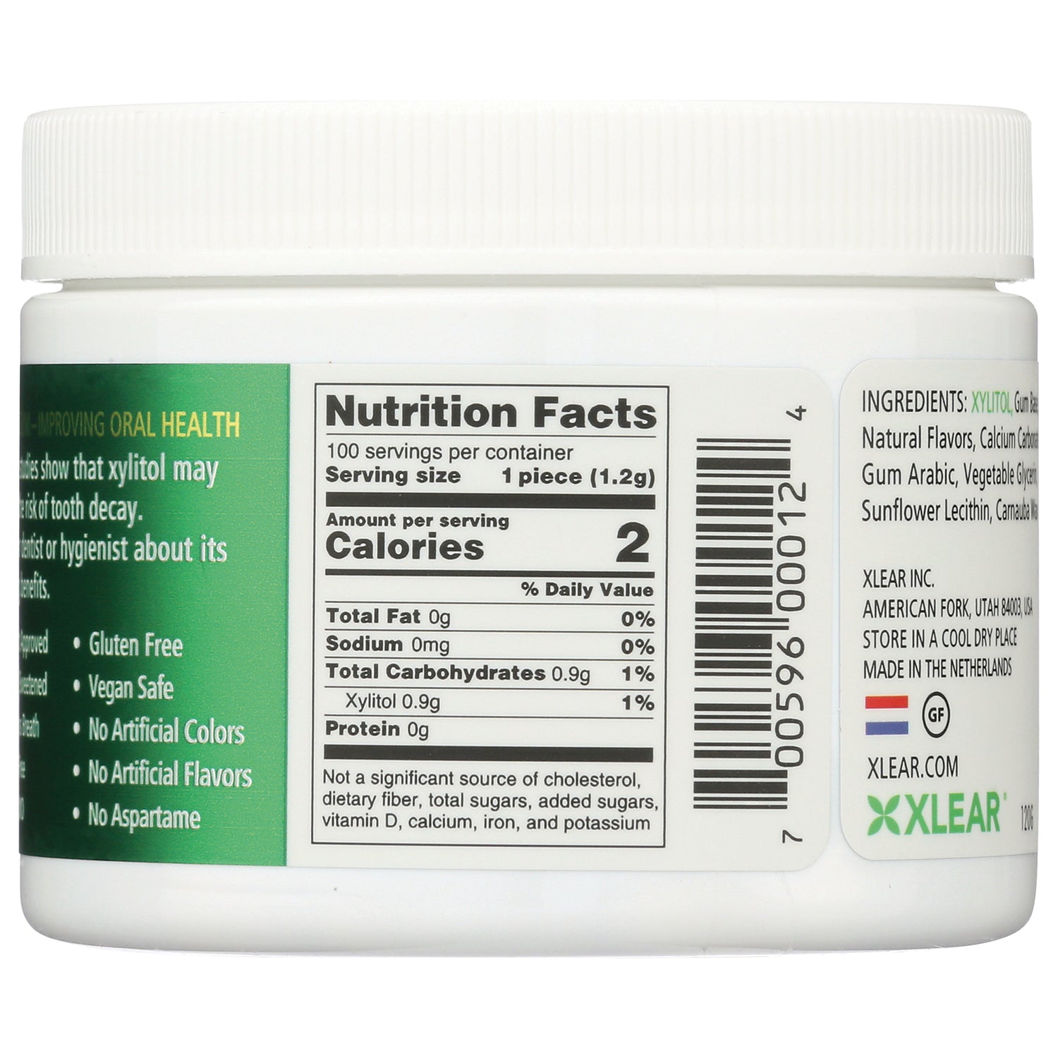 XL003 | Back label with Nutrition Facts panel, ingredients, barcode, and Xlear logo