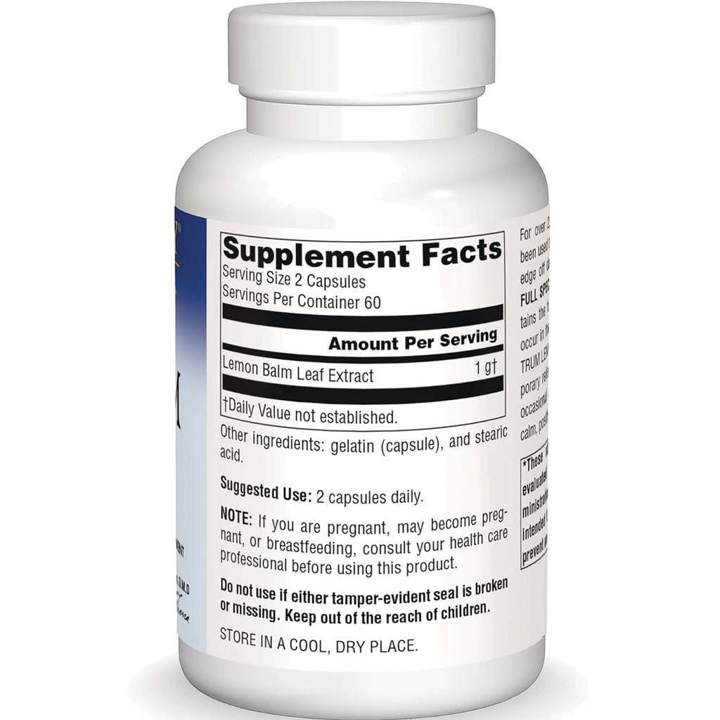 PF200 | bottle back showing Supplement Facts label, Lemon Balm Leaf Extract and suggested use 2 capsules daily - Thumbnail