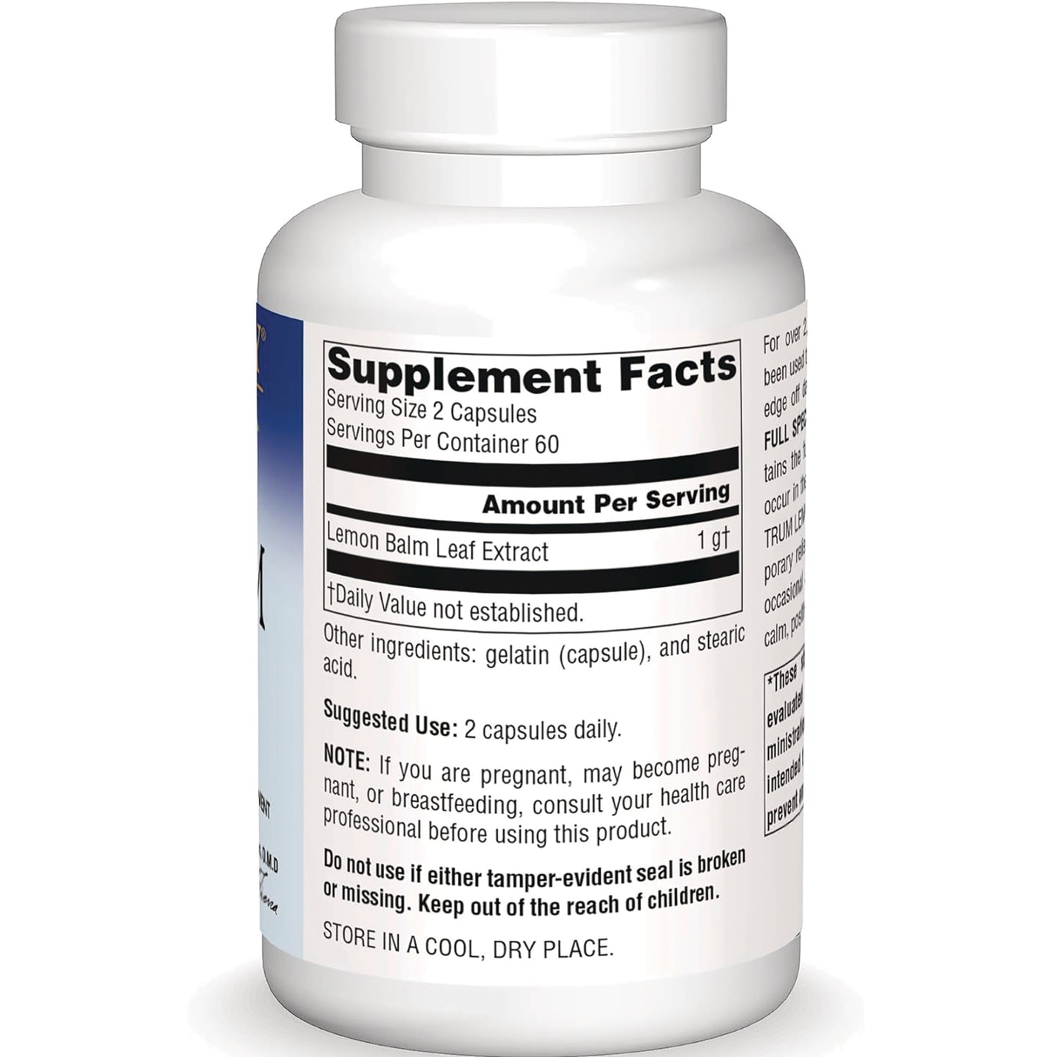 PF200 | bottle back showing Supplement Facts label, Lemon Balm Leaf Extract and suggested use 2 capsules daily