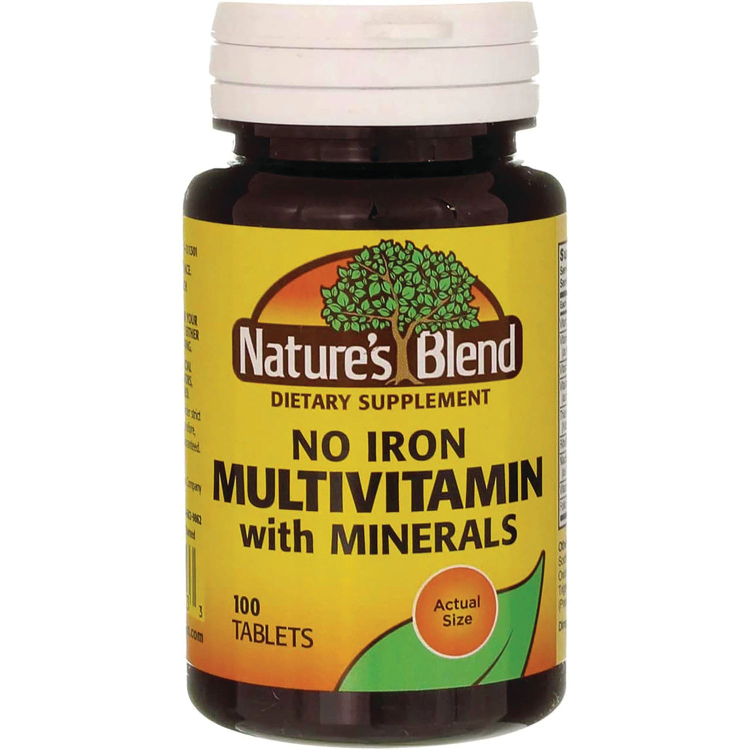 NAB090 | Nature's Blend No Iron multivitamin with minerals bottle, 100 tablets, front label showing brand and Actual Size circle
