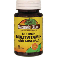 NAB090 | Nature's Blend No Iron multivitamin with minerals bottle, 100 tablets, front label showing brand and Actual Size circle