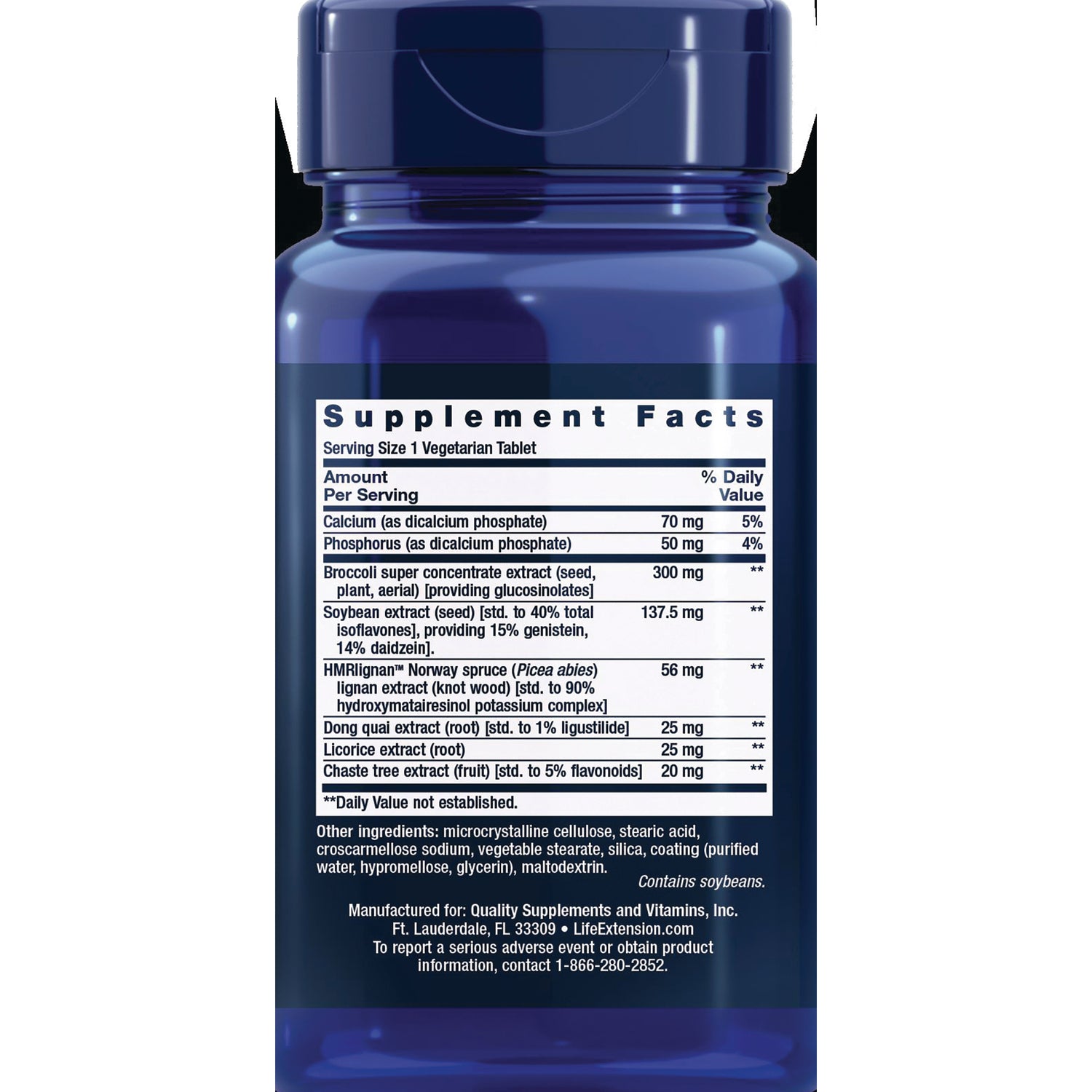 LE447 | Supplement Facts panel on blue bottle showing serving size, ingredient amounts and other ingredients