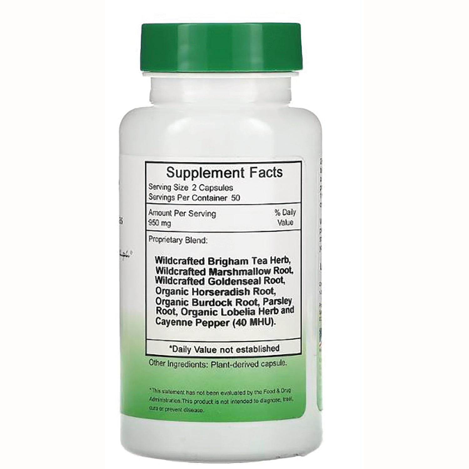 DCR052 | Back of white supplement bottle with green cap showing Supplement Facts panel and ingredients list