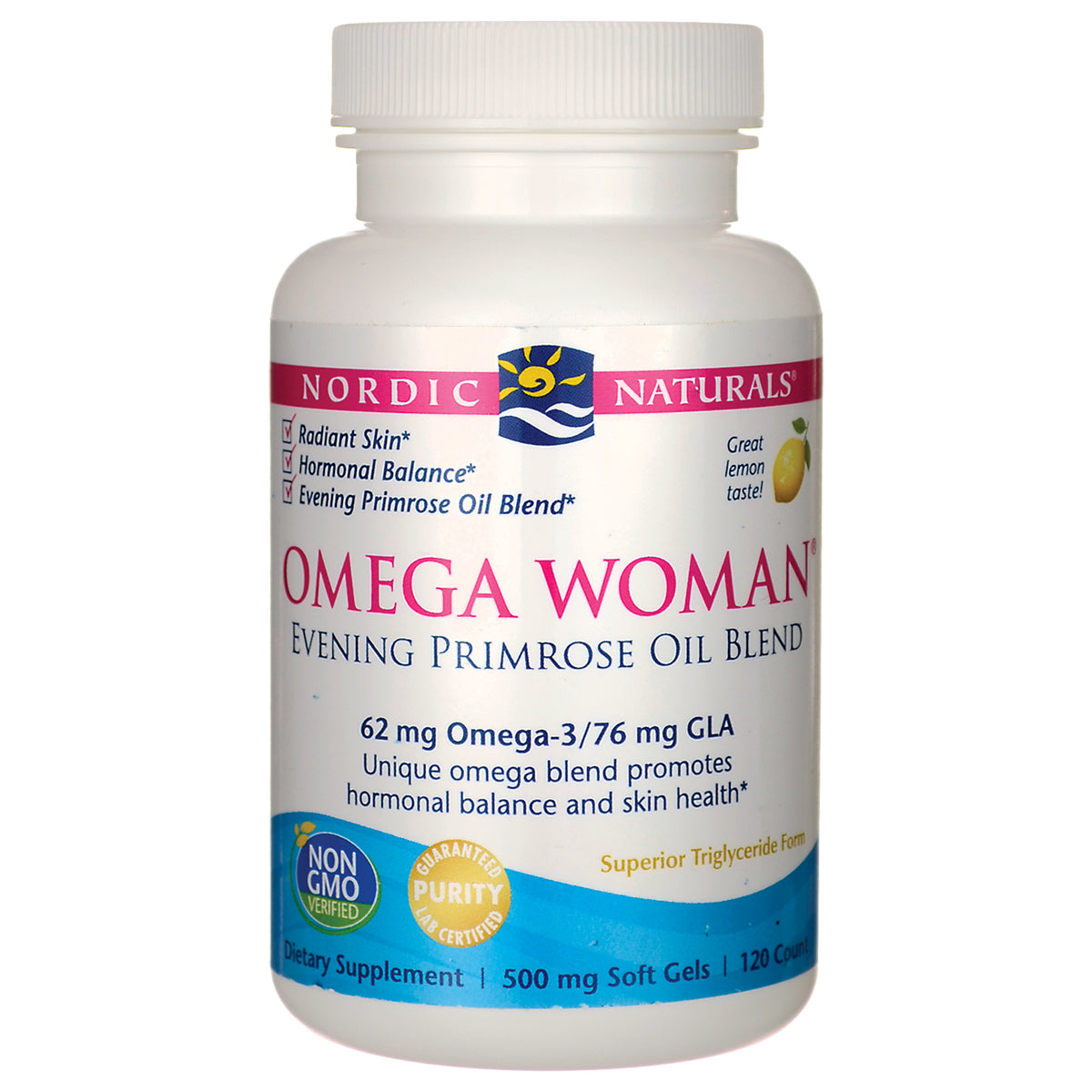 NRN036 | white supplement bottle labeled OMEGA WOMAN Evening Primrose Oil Blend by Nordic Naturals