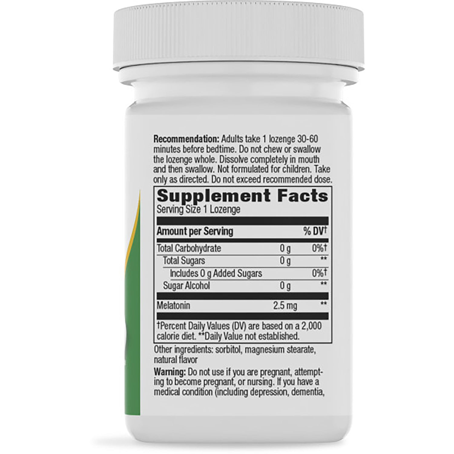 NW784 | back label with Supplement Facts listing Melatonin 2.5 mg, serving size 1 lozenge and warnings