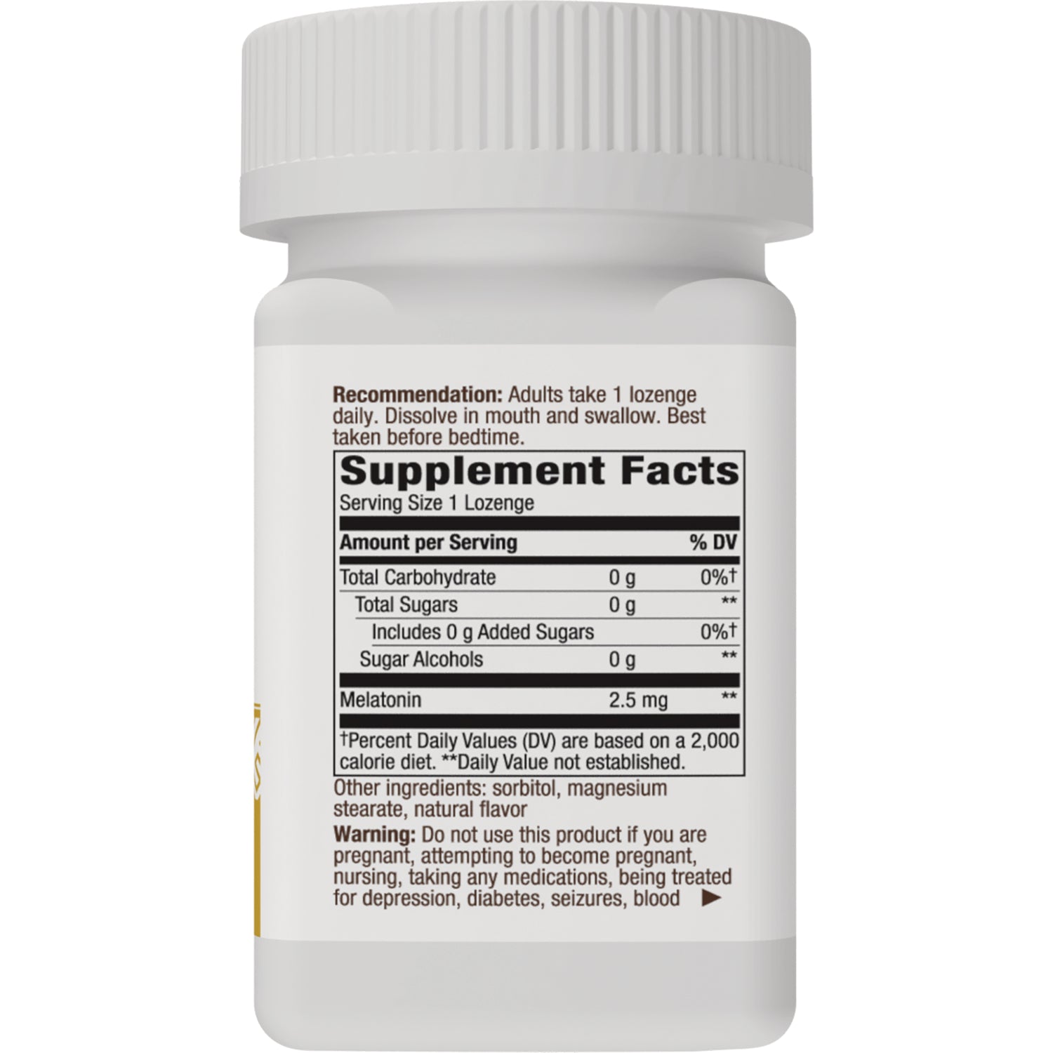 NW784 | back label with Supplement Facts listing Melatonin 2.5 mg, serving size 1 lozenge and warnings