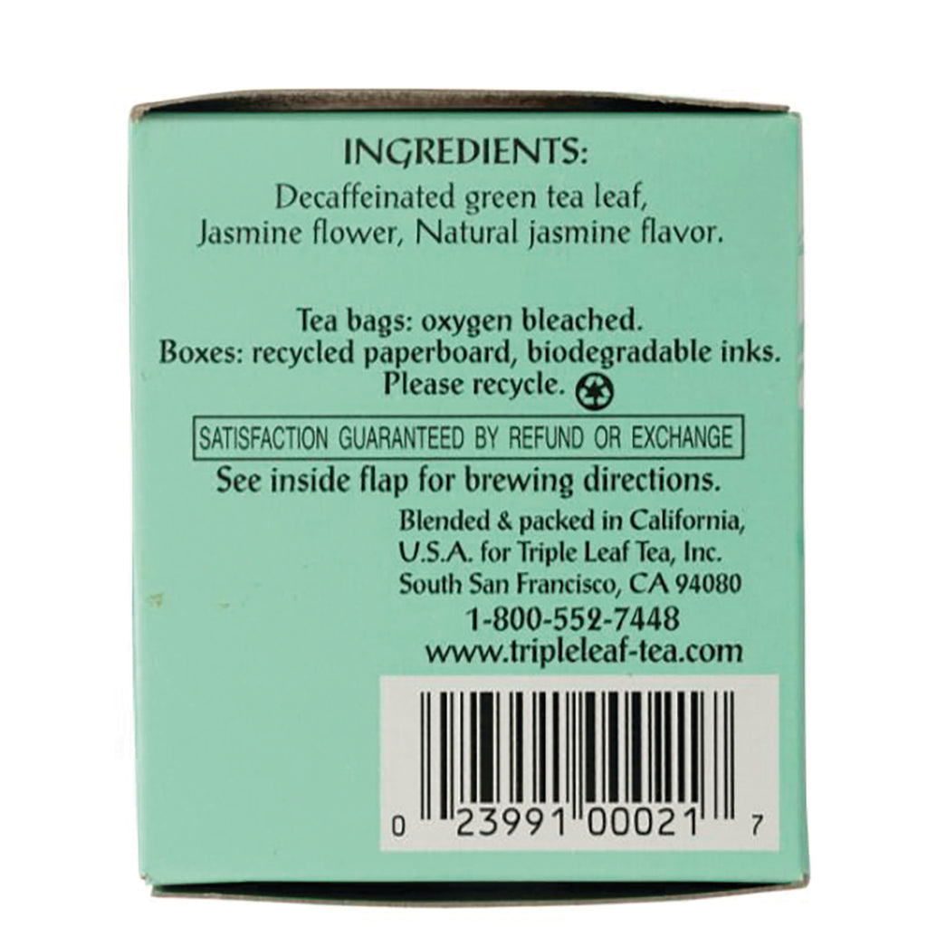 TLT019 | Back of Triple Leaf Tea box with Ingredients: Decaffeinated green tea leaf, jasmine flower, barcode - Thumbnail