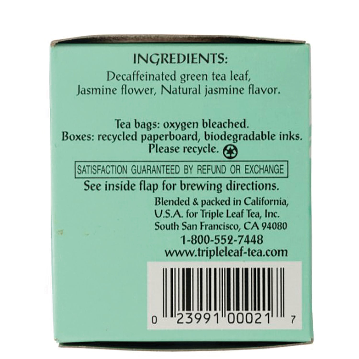 TLT019 | Back of Triple Leaf Tea box with Ingredients: Decaffeinated green tea leaf, jasmine flower, barcode