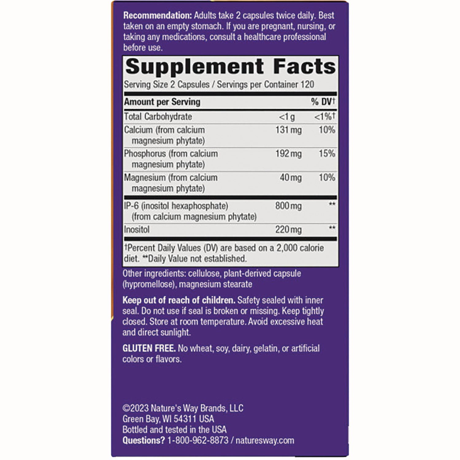 Supplement facts and ingredient panel on purple supplement box showing serving size, nutrient amounts, warnings, and gluten free claim