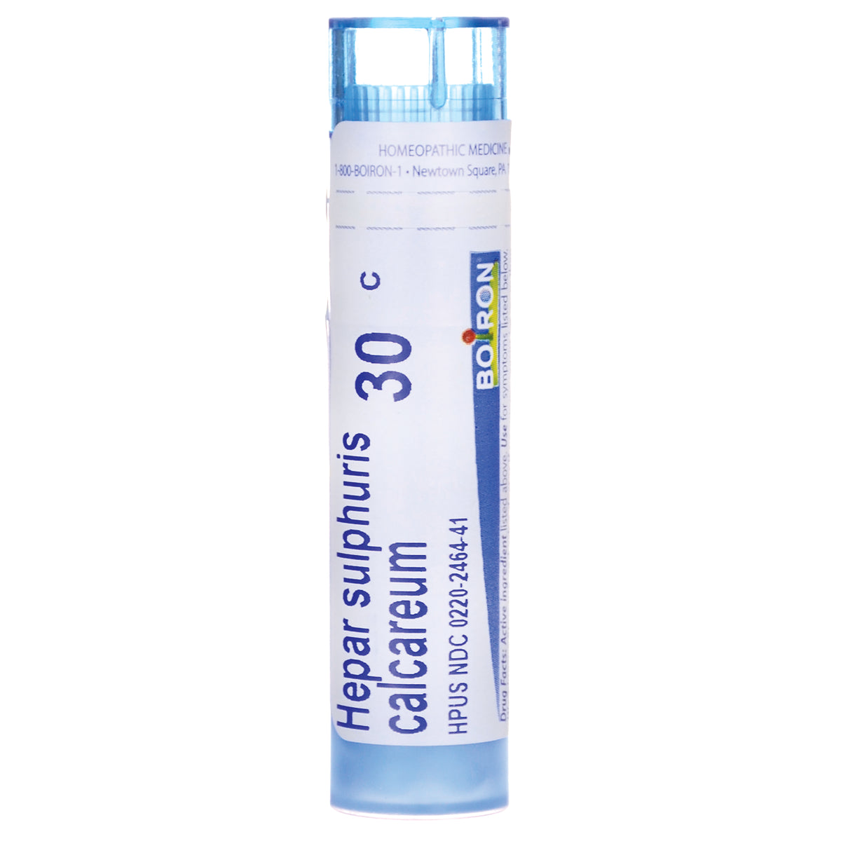 BRN109 | cylindrical blue tube of homeopathic pellets labeled Hepar sulphuris calcareum 30C Boiron