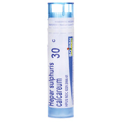 BRN109 | cylindrical blue tube of homeopathic pellets labeled Hepar sulphuris calcareum 30C Boiron