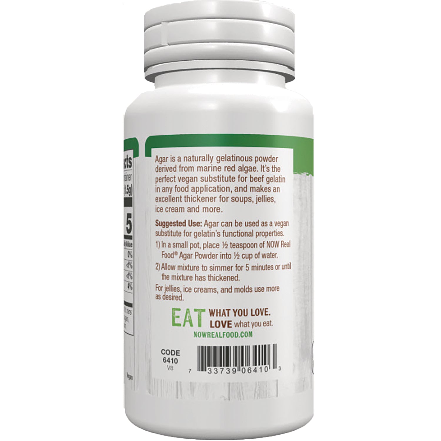 NWF1223 | back label of white supplement bottle showing suggested use instructions, barcode, and EAT WHAT YOU LOVE branding