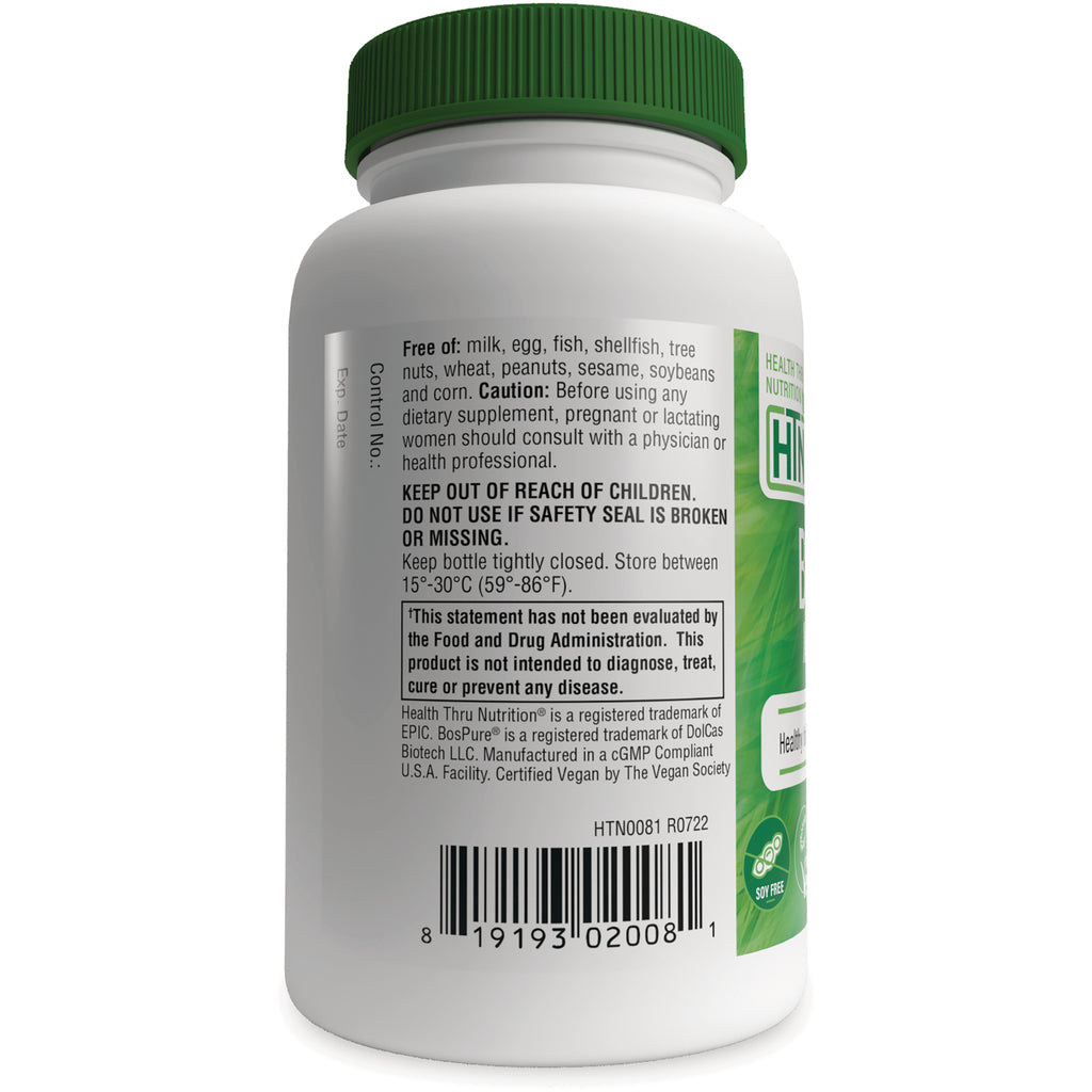HTN009 | back label of white supplement bottle showing allergy warnings, storage instructions, FDA disclaimer and barcode - Thumbnail