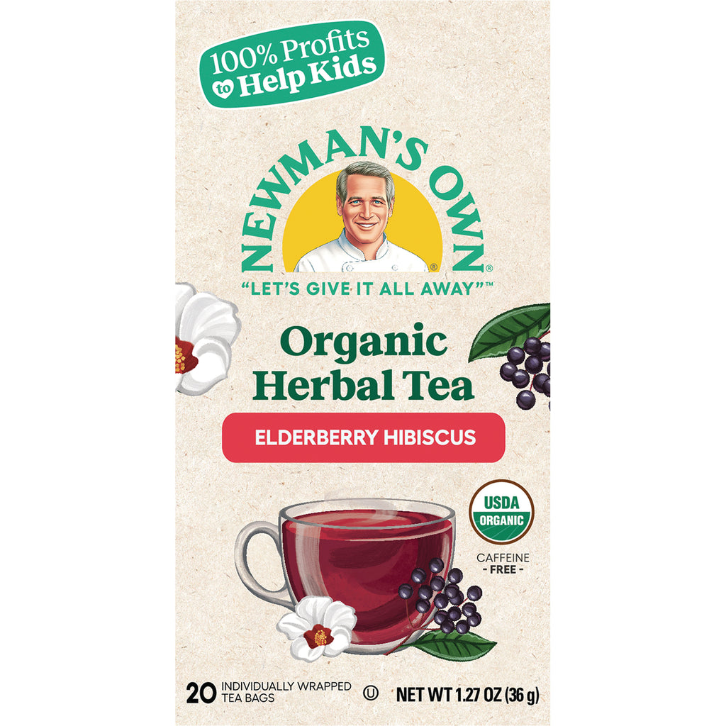 NWM044 | Newman's Own Organic Herbal Tea Elderberry Hibiscus box front showing cup of tea, berries and USDA Organic seal - Thumbnail
