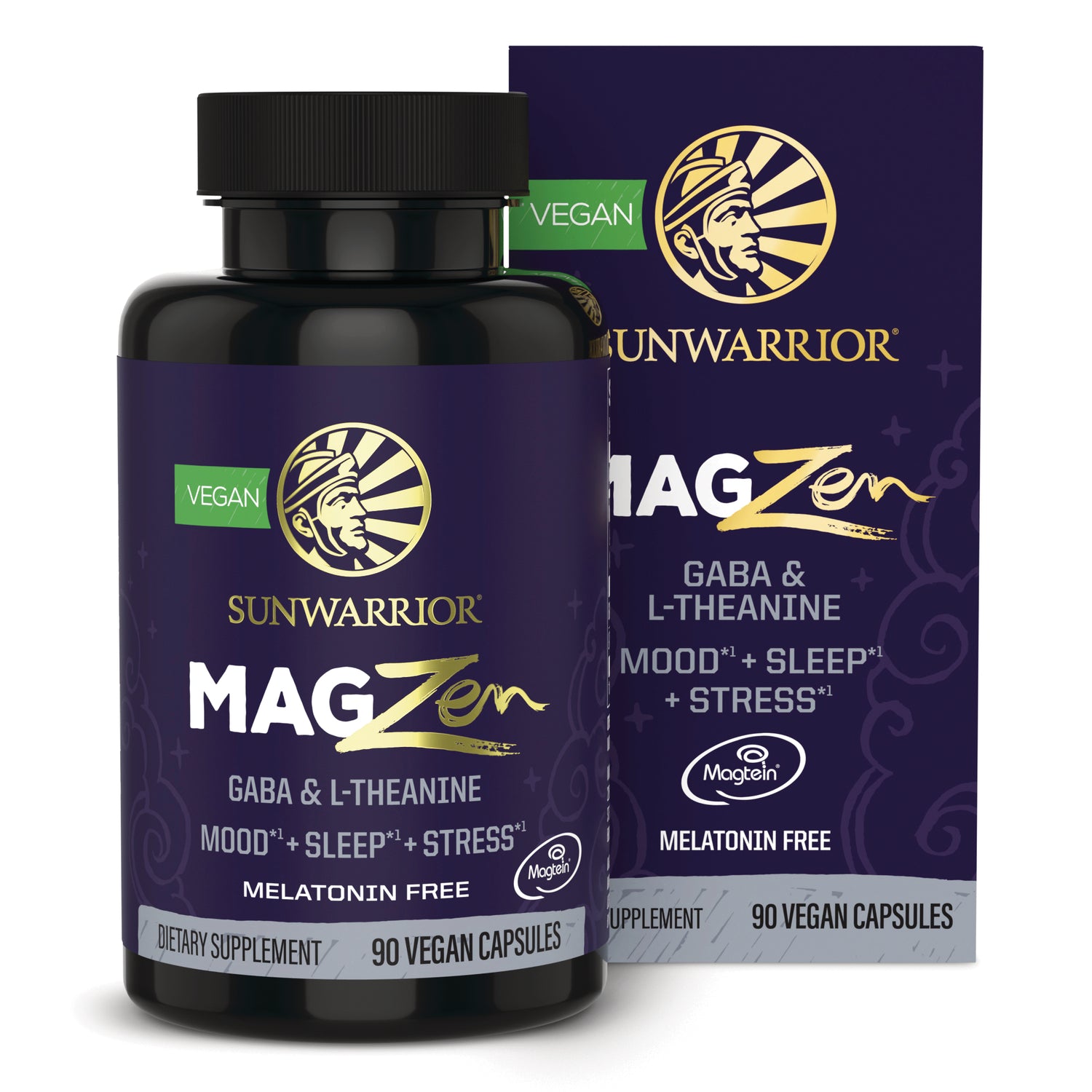 SNW059 | Sunwarrior MAGZen supplement bottle and box, GABA & L-Theanine, melatonin free, 90 vegan capsules