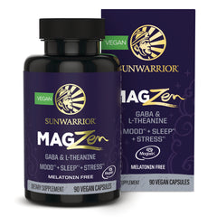 SNW059 | Sunwarrior MAGZen supplement bottle and box, GABA & L-Theanine, melatonin free, 90 vegan capsules