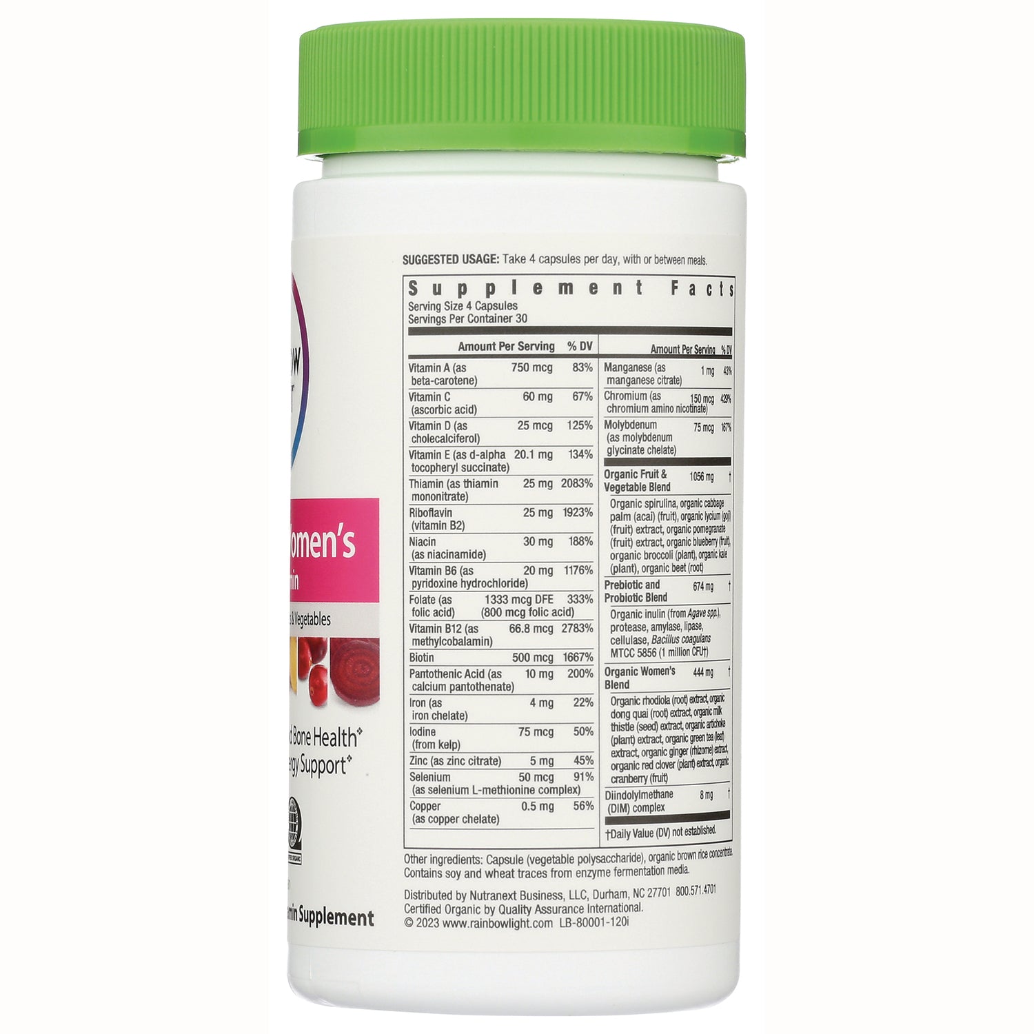 RBL064 | Back label showing supplement facts panel, ingredients and suggested usage on white bottle with green cap