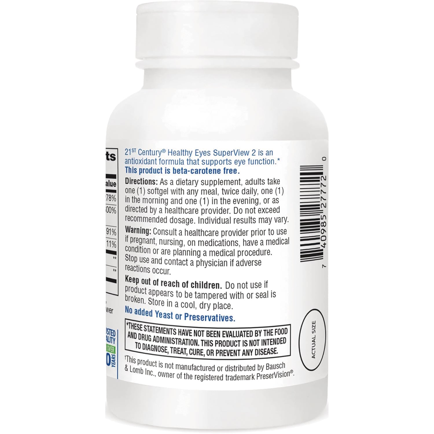 CNT269 | Back label of white supplement bottle showing directions, warnings, barcode, and disclaimer text