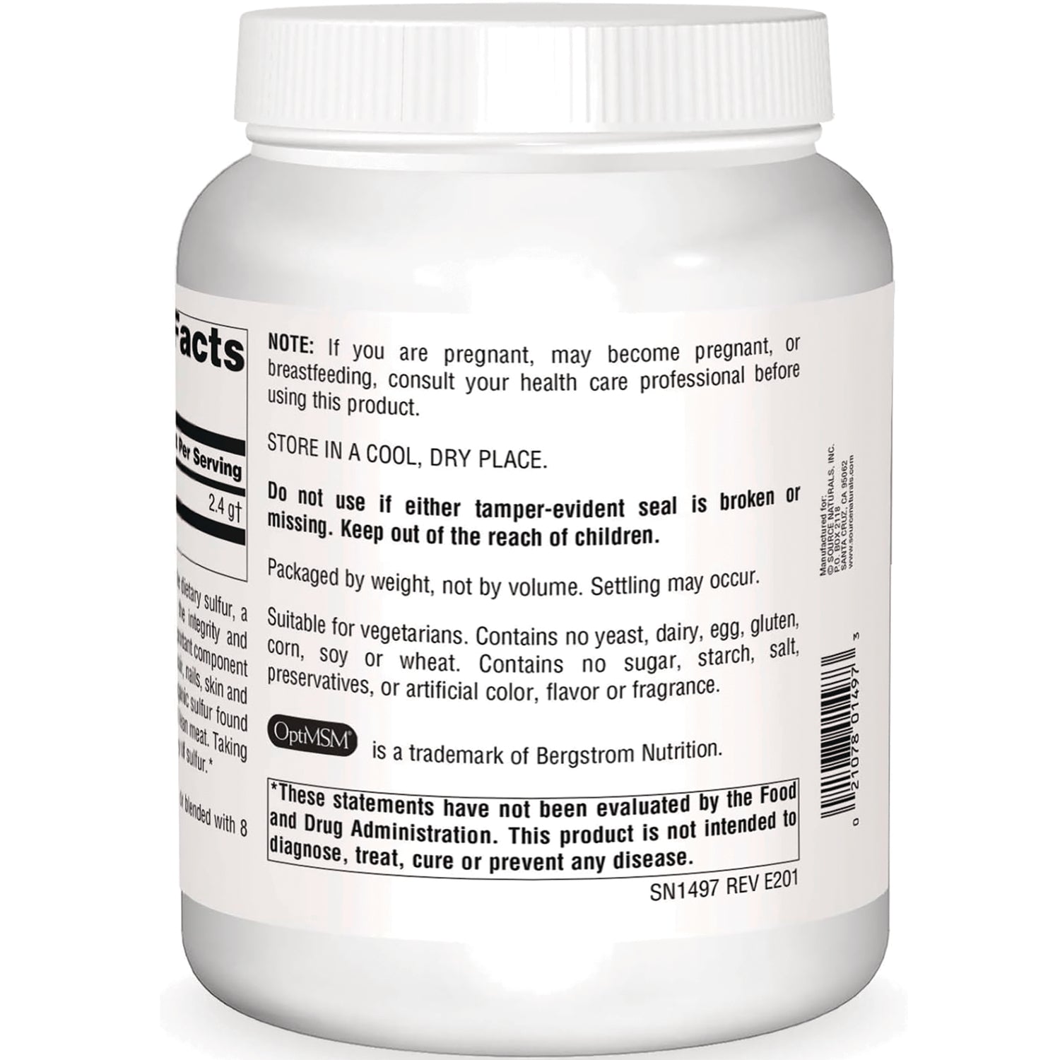 SN794 | Supplement bottle back label with warnings, storage directions, FDA disclaimer, and barcode