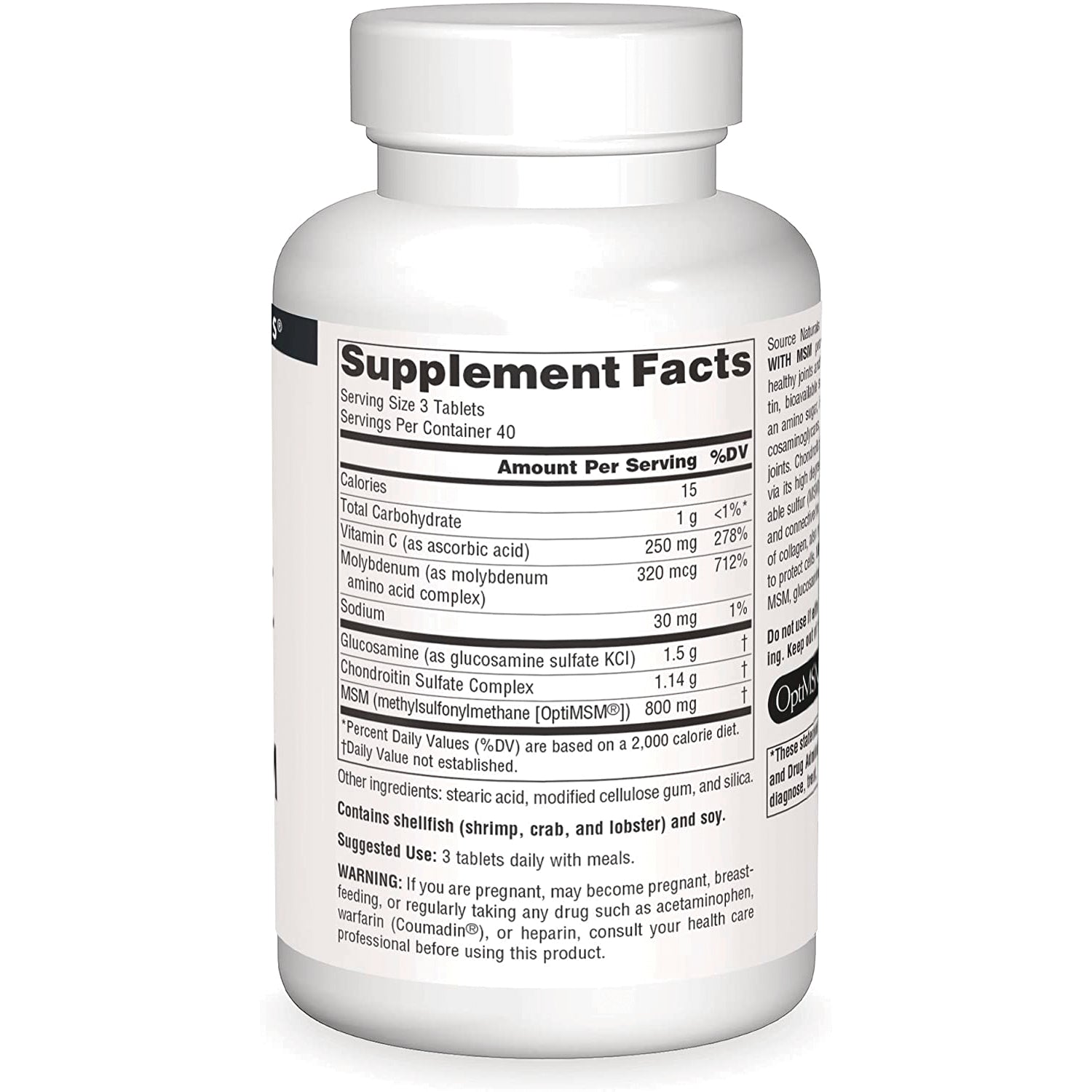 SN112 | white supplement bottle back showing Supplement Facts panel with ingredients, amounts and warnings