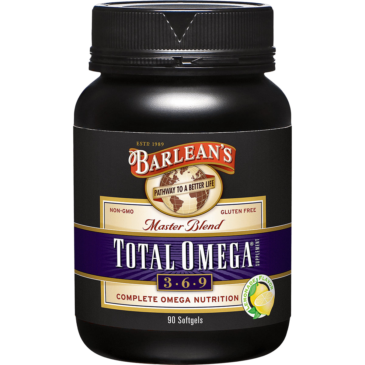 BAR016 | Barlean's Total Omega 369 softgels bottle, 90 count, lemonade flavor label