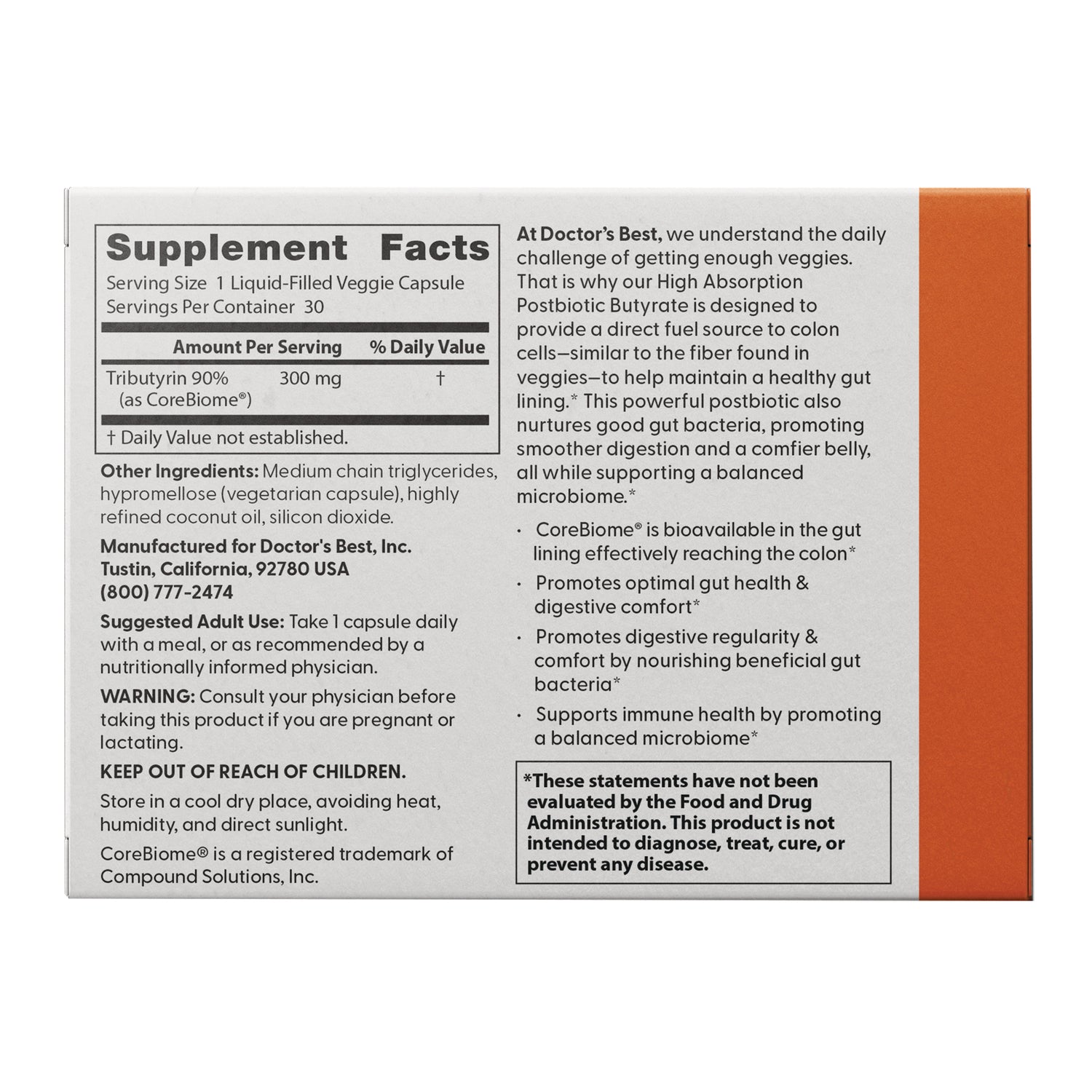 DB308 | Supplement Facts panel showing ingredients, suggested use, warnings, and company info on back of white and orange supplement box