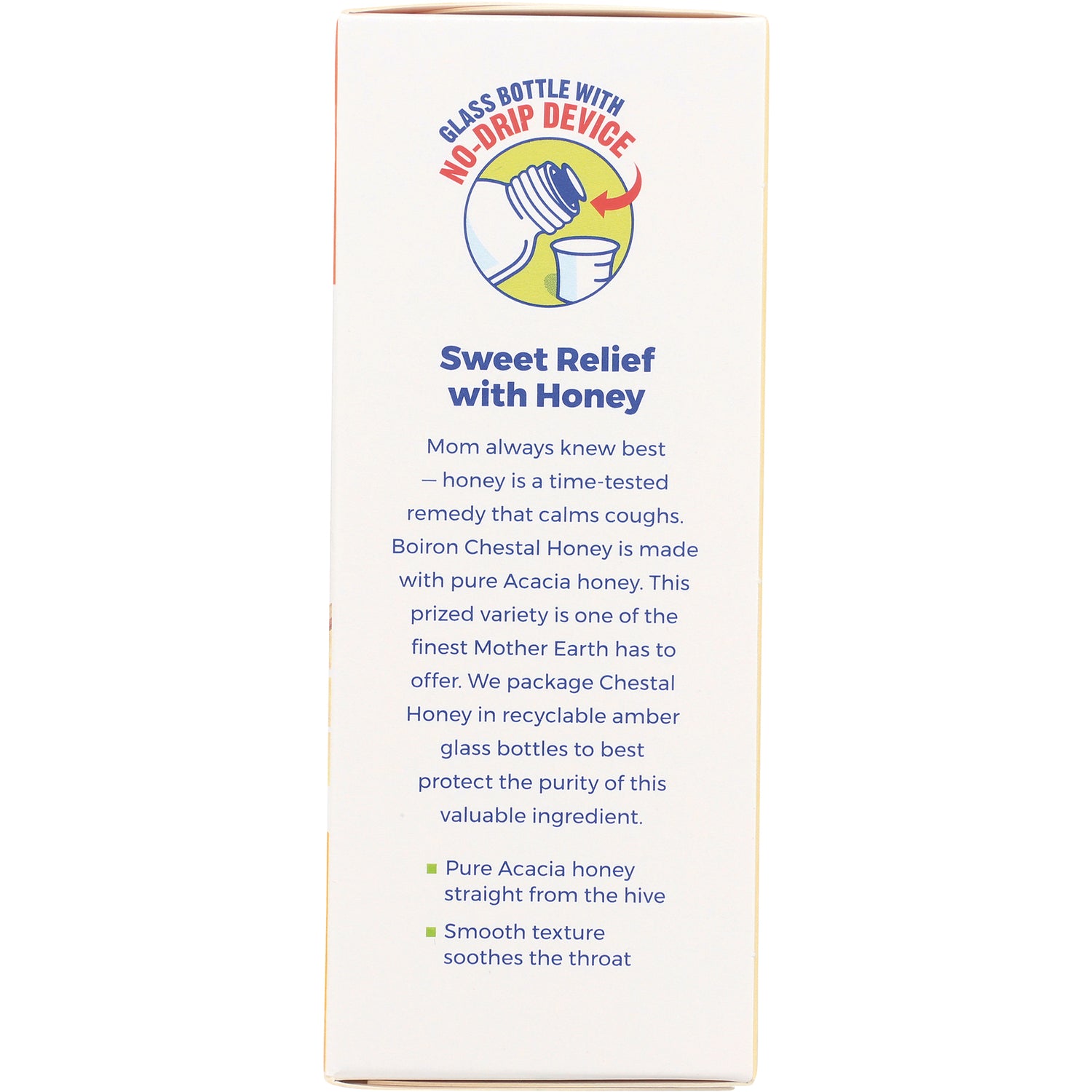BRN084 | product infographic panel reading Sweet Relief with Honey, notes Pure Acacia honey, smooth texture, and no-drip bottle