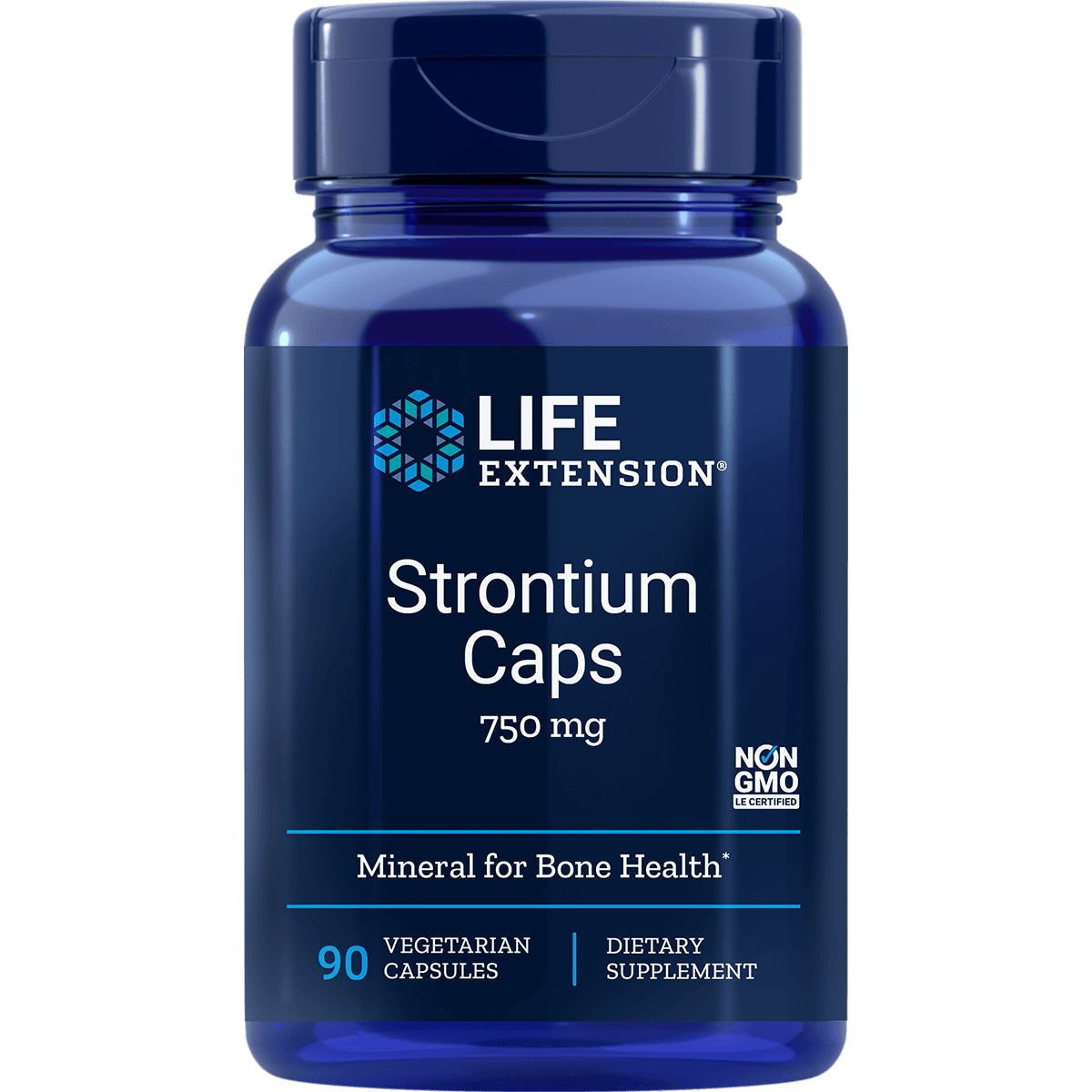 LE353 | Life Extension Strontium Caps 750 mg blue bottle front label, 90 vegetarian capsules dietary supplement