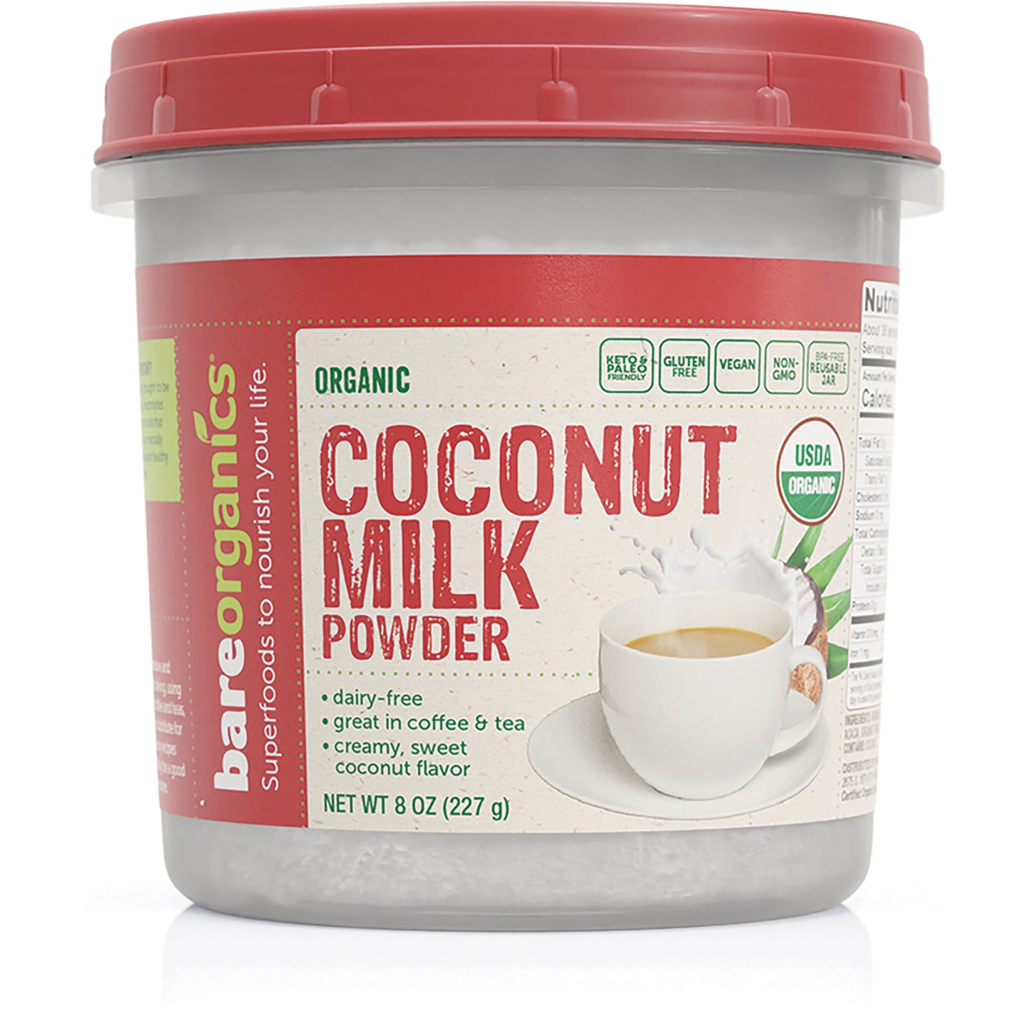 Organic coconut milk powder tub 8 oz with front label showing cup of coffee and USDA Organic seal