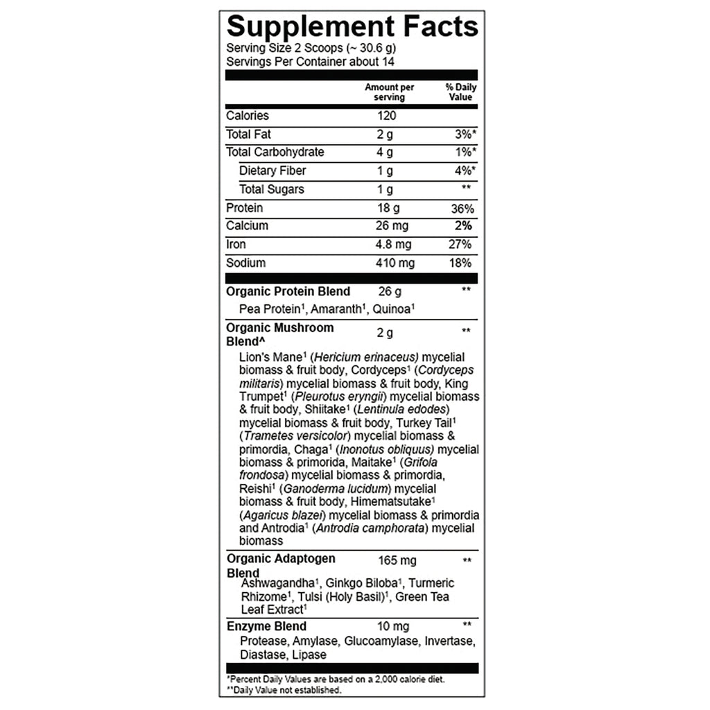 Supplement Facts panel showing serving size, calories, protein, sodium, organic protein and mushroom blends - Thumbnail