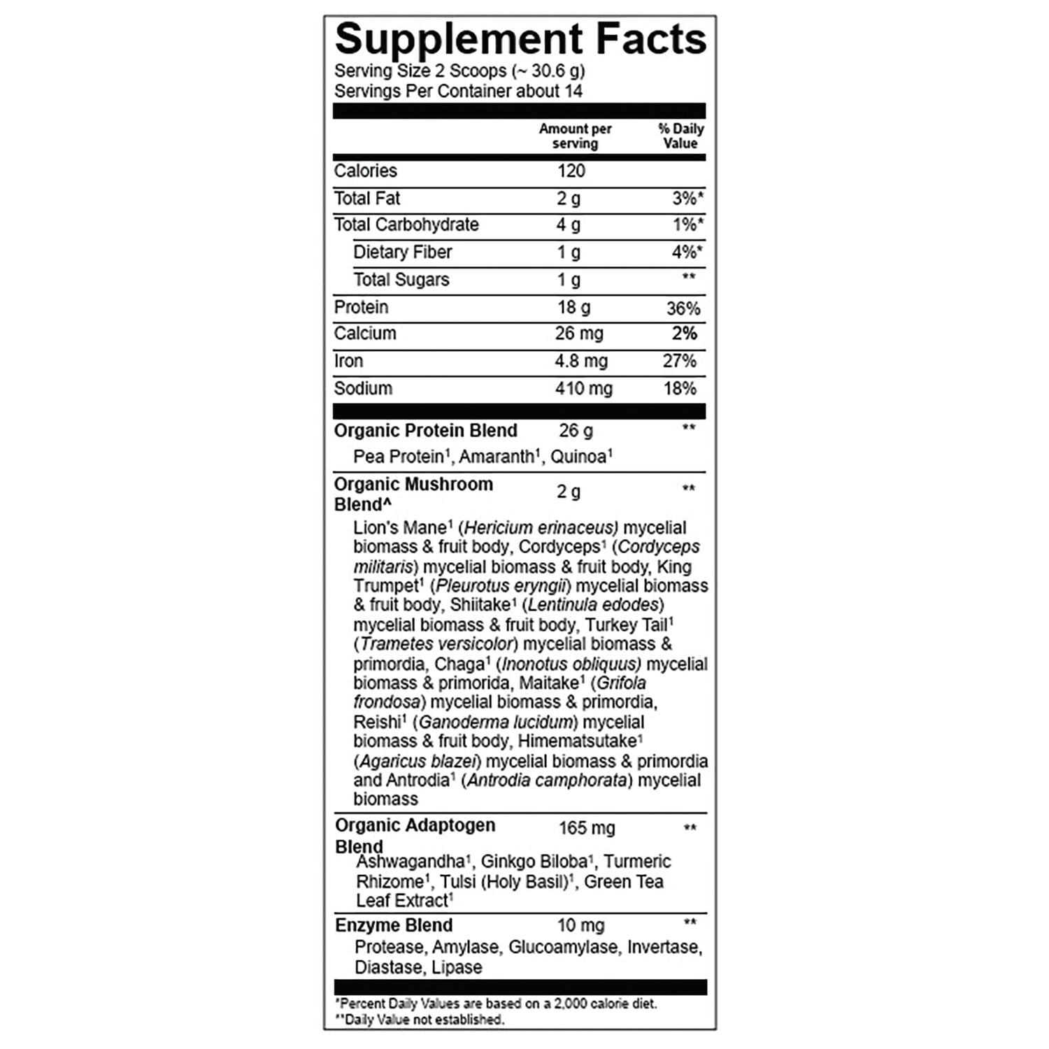 Supplement Facts panel showing serving size, calories, protein, sodium, organic protein and mushroom blends
