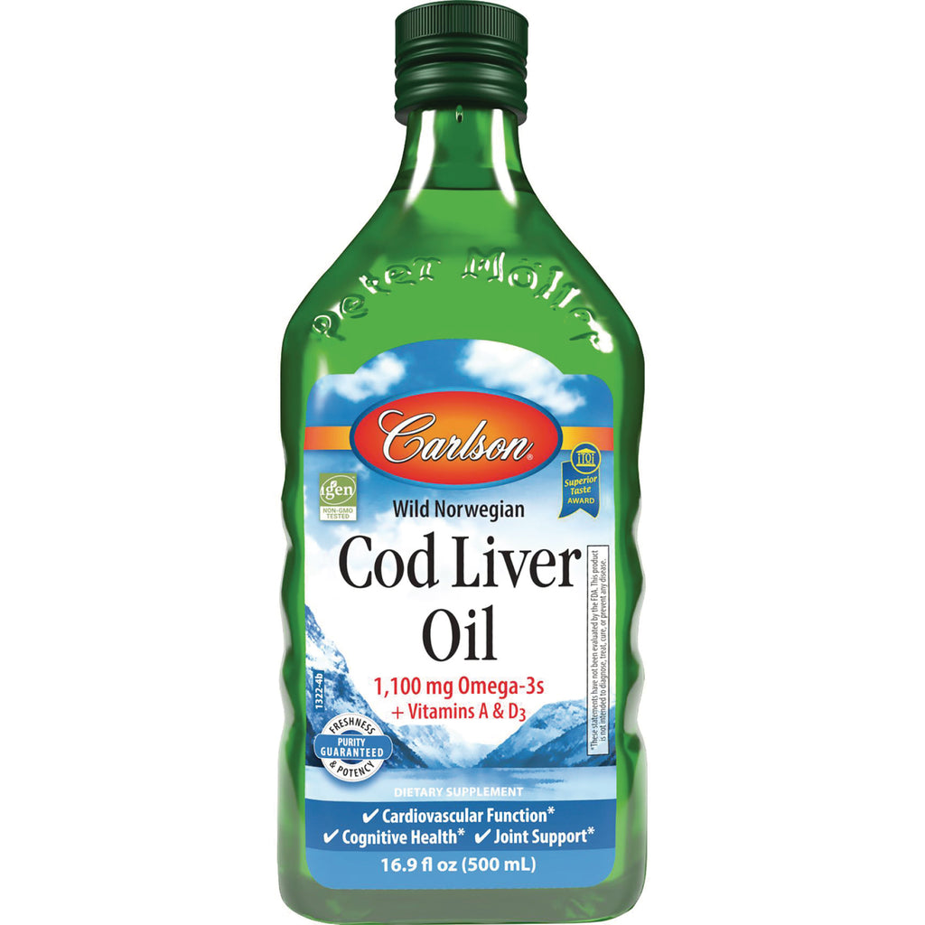 CSN011 | Green Carlson Wild Norwegian Cod Liver Oil bottle, 1,100 mg Omega-3s plus vitamins A & D3, 16.9 fl oz - Thumbnail