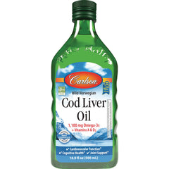 CSN011 | Green Carlson Wild Norwegian Cod Liver Oil bottle, 1,100 mg Omega-3s plus vitamins A & D3, 16.9 fl oz