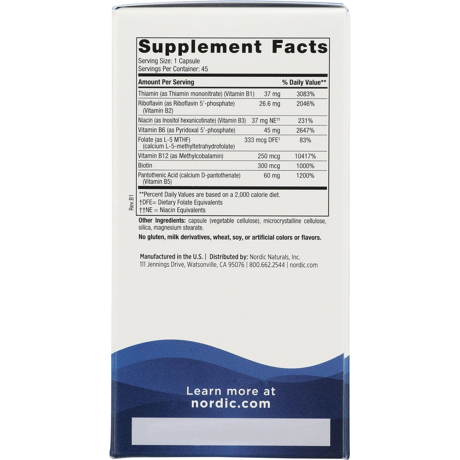 NRN099 | Back of supplement box showing Supplement Facts panel, ingredient list, and Learn more at nordic.com