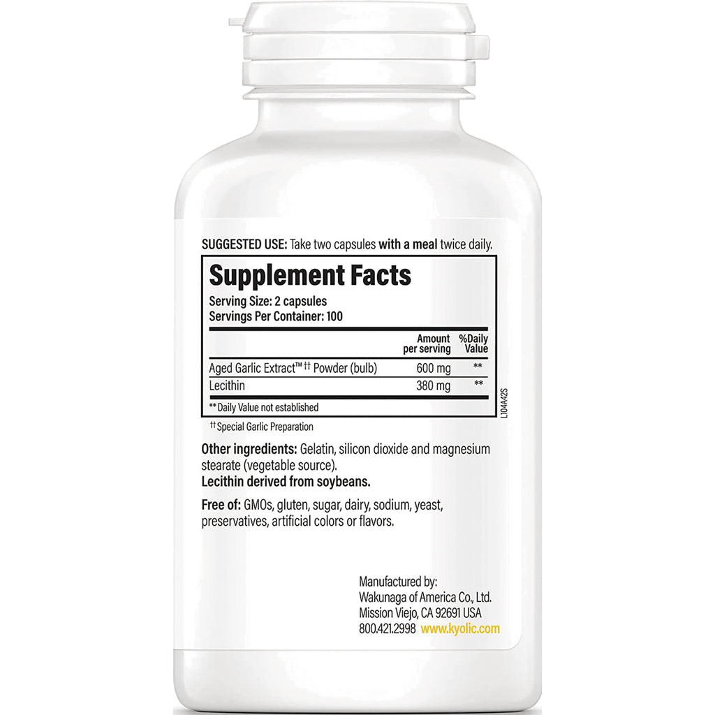 KY024 | Back label with Supplement Facts showing Aged Garlic Extract 600 mg, Lecithin 380 mg and other ingredient statements - Thumbnail