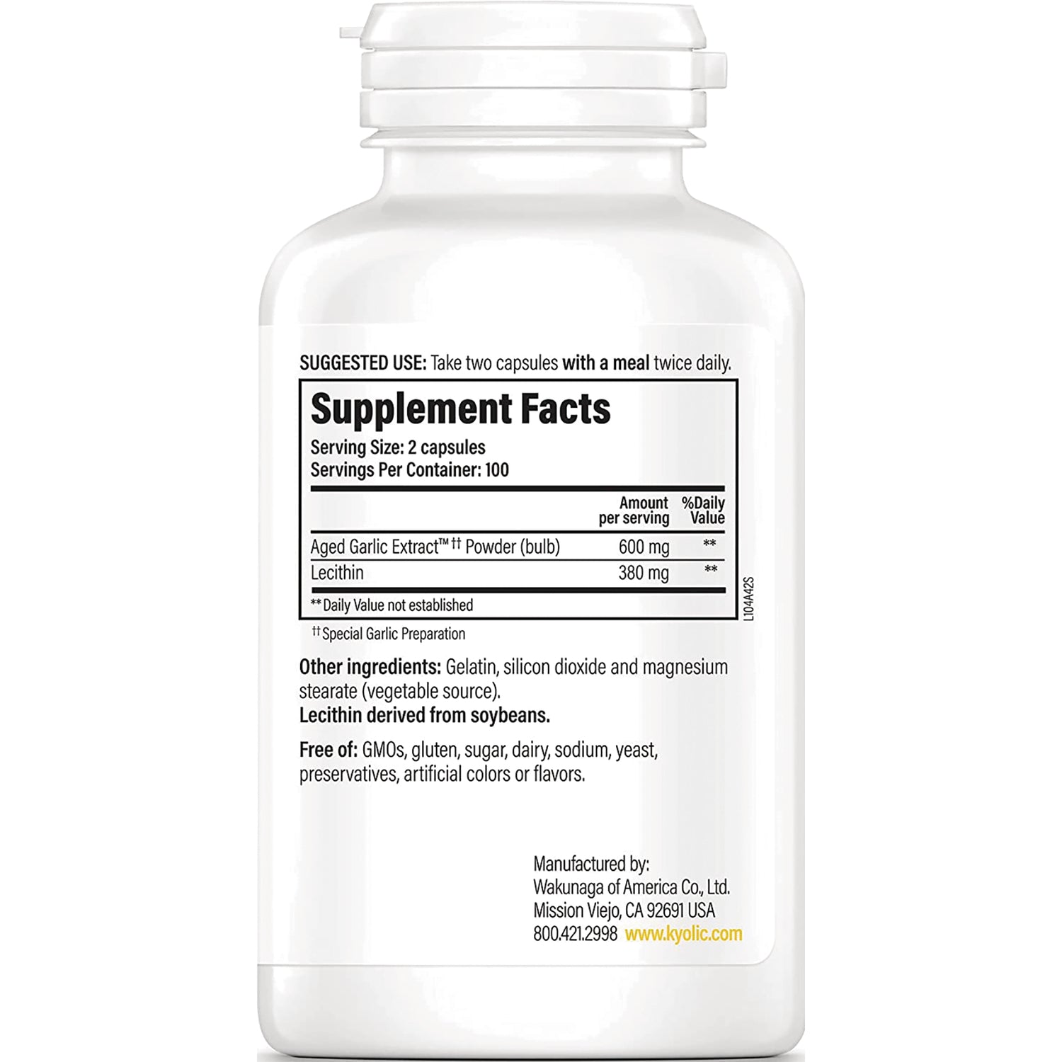KY024 | Back label with Supplement Facts showing Aged Garlic Extract 600 mg, Lecithin 380 mg and other ingredient statements
