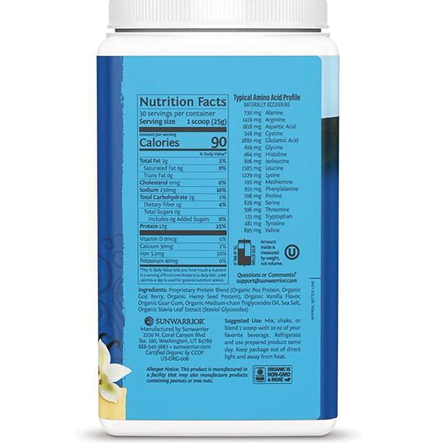 SNW023 | Back of protein powder container showing Nutrition Facts, Calories 90 per 1 scoop (25 g), ingredients and certifications