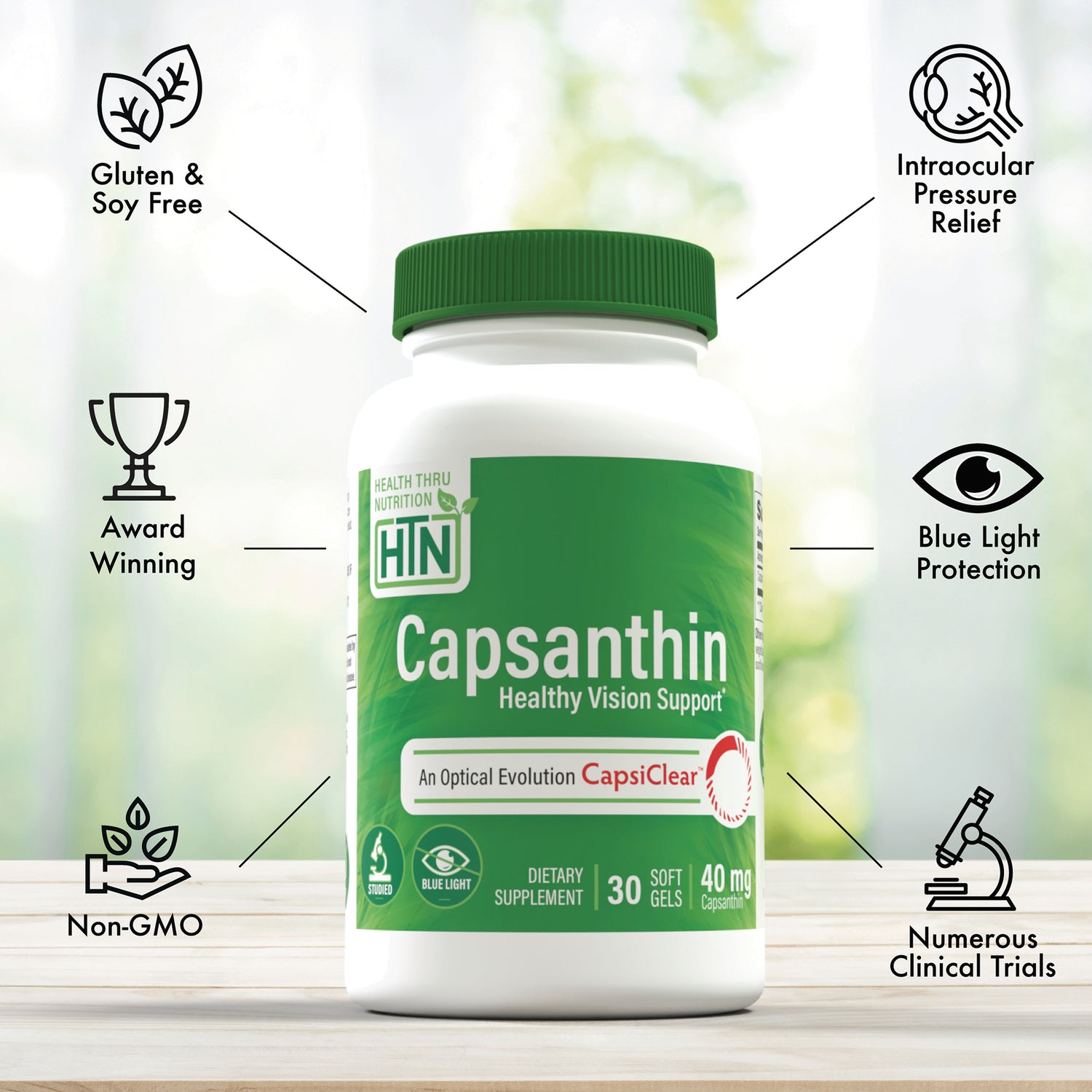 HTN011 | Bottle of Capsanthin healthy vision supplement labeled 30 soft gels 40 mg with icons for blue light protection, non-GMO, gluten & soy free