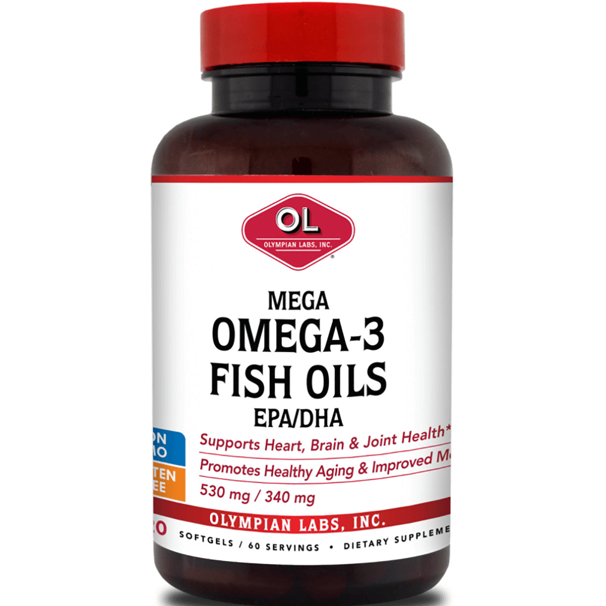 Mega OMEGA-3 Fish Oils EPA/DHA supplement bottle with red cap labeled Olympian Labs