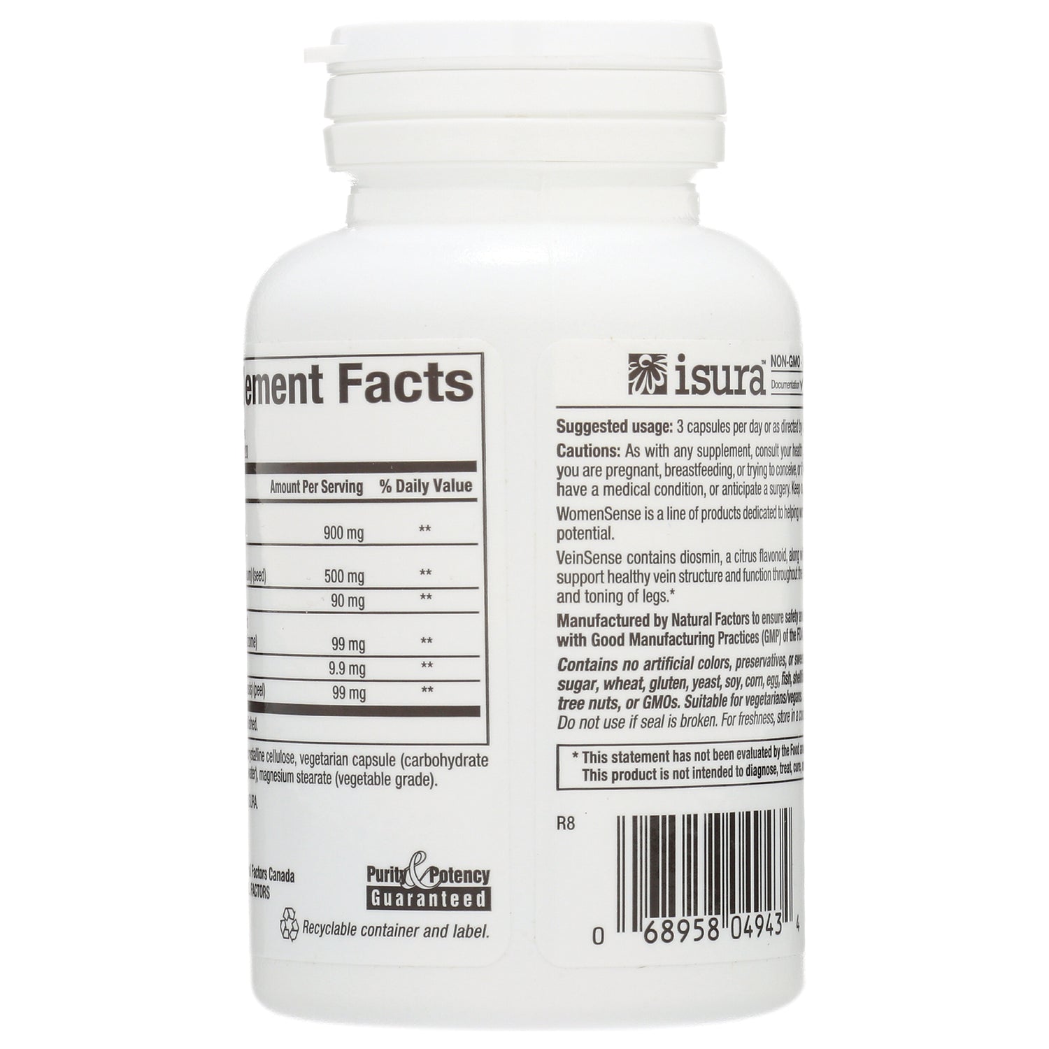 NFC089 | back label showing Supplement Facts panel, caution text and barcode on white supplement bottle