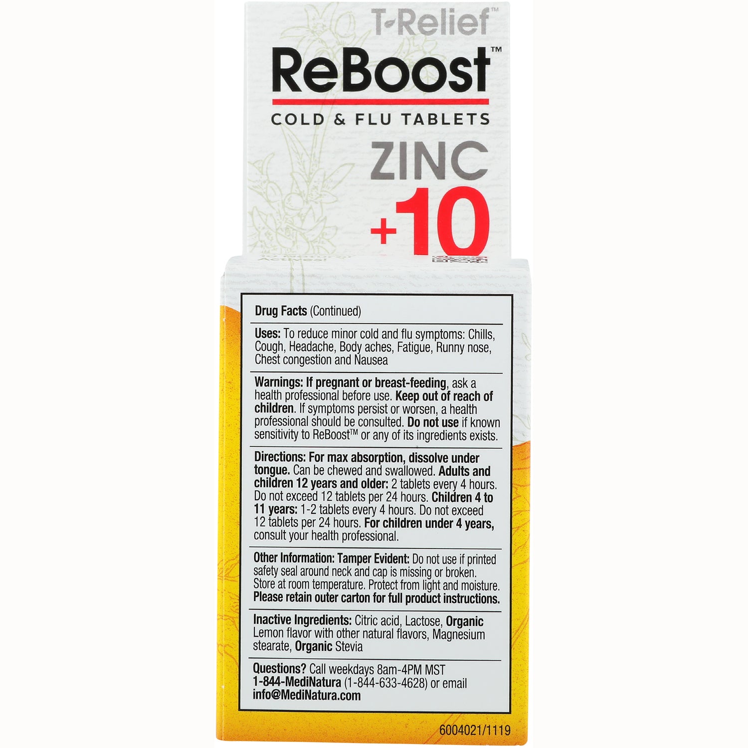MNA044 | back of ReBoost Zinc +10 cold and flu tablets box showing Drug Facts, directions, and inactive ingredients