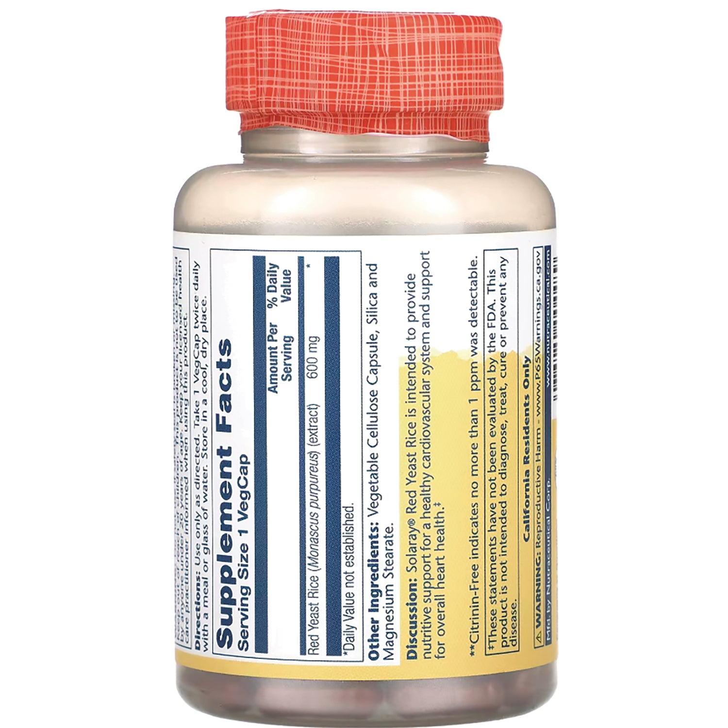 SLR216 | Back label with Supplement Facts panel, Red Yeast Rice (Monascus purpureus) extract 600 mg
