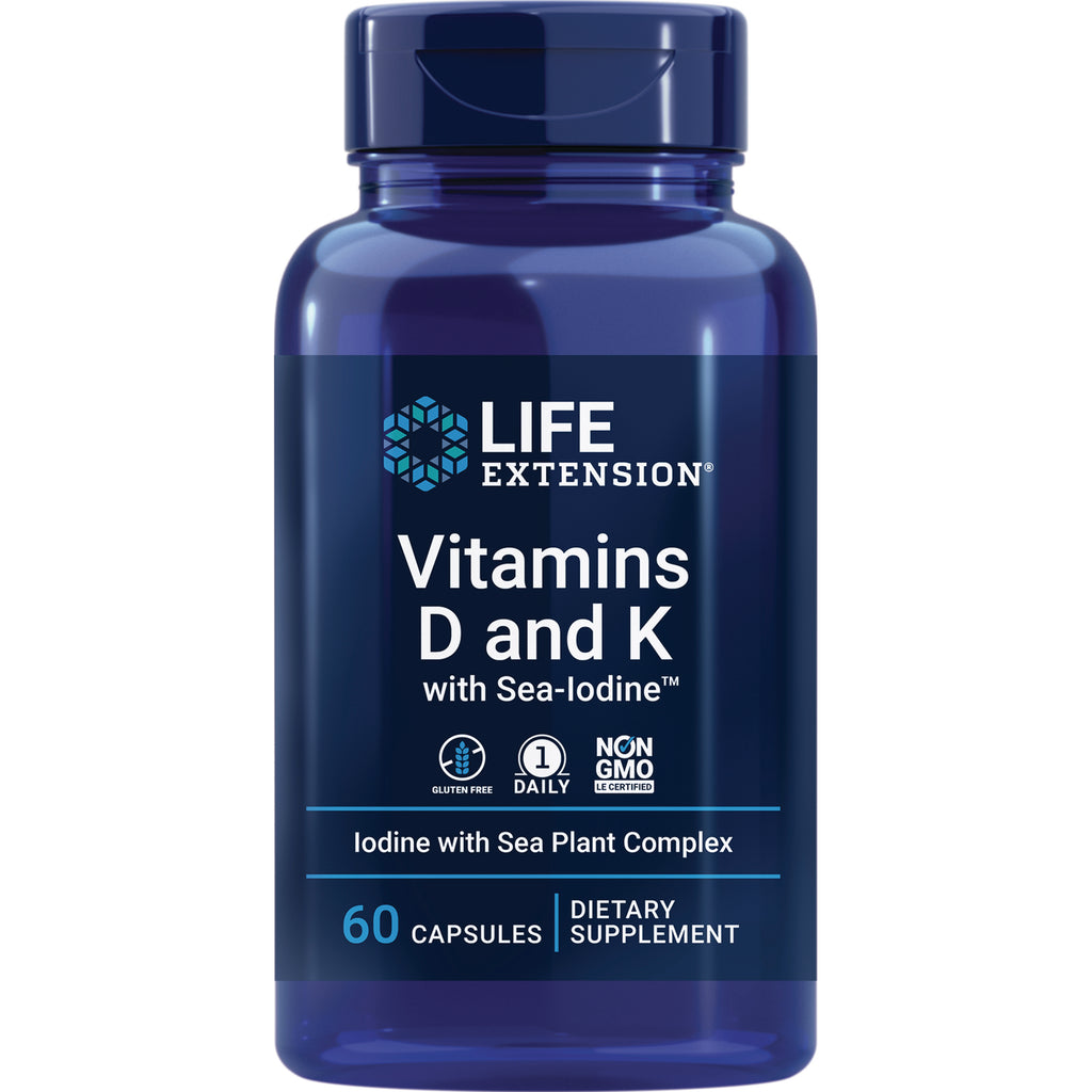 LE438 | Life Extension Vitamins D and K with Sea-Iodine 60 capsules dietary supplement bottle front - Thumbnail