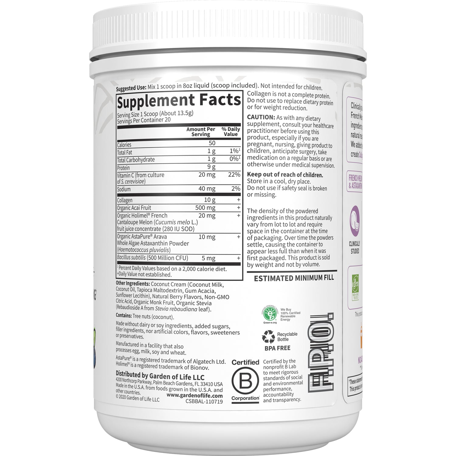 GLF308 | Back label showing Supplement Facts panel, ingredient list, usage directions, warnings, and certification logos on white container